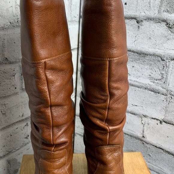 Vintage 70s Slouch Boots 38 US 7.5 Cognac Leather Retro Boho Knee High Mid Heel - Picture 4 of 15
